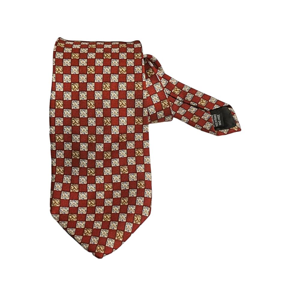 Lancel Paris Red Silk tie with square designs Handmade in France